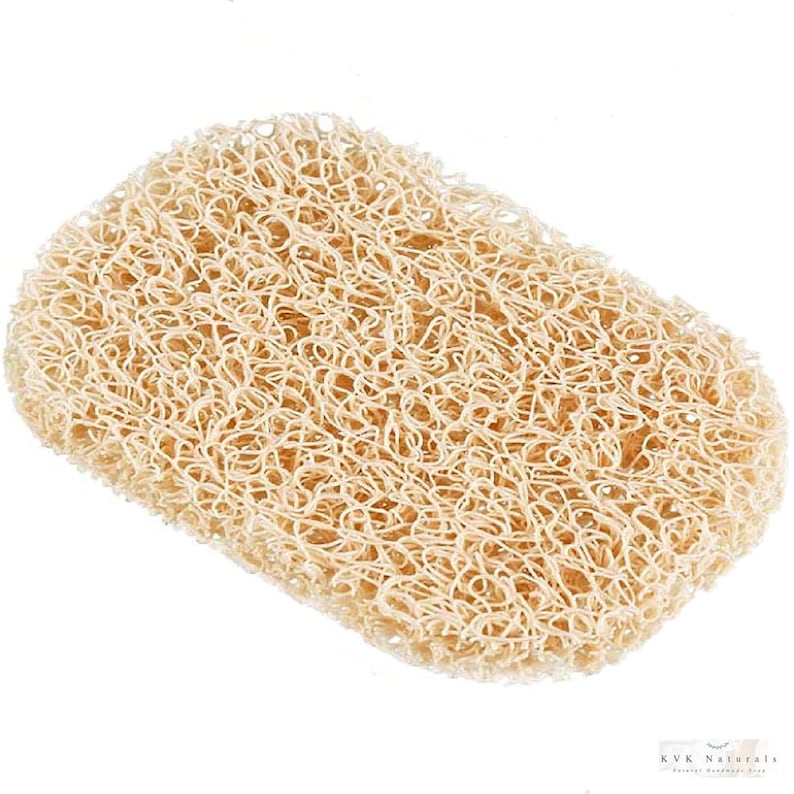 May include: A beige, rectangular loofah sponge with a textured, web-like appearance. The natural bath product is made of plant fibers and is used for exfoliating the skin. The loofah is approximately 5 inches long and 3 inches wide.