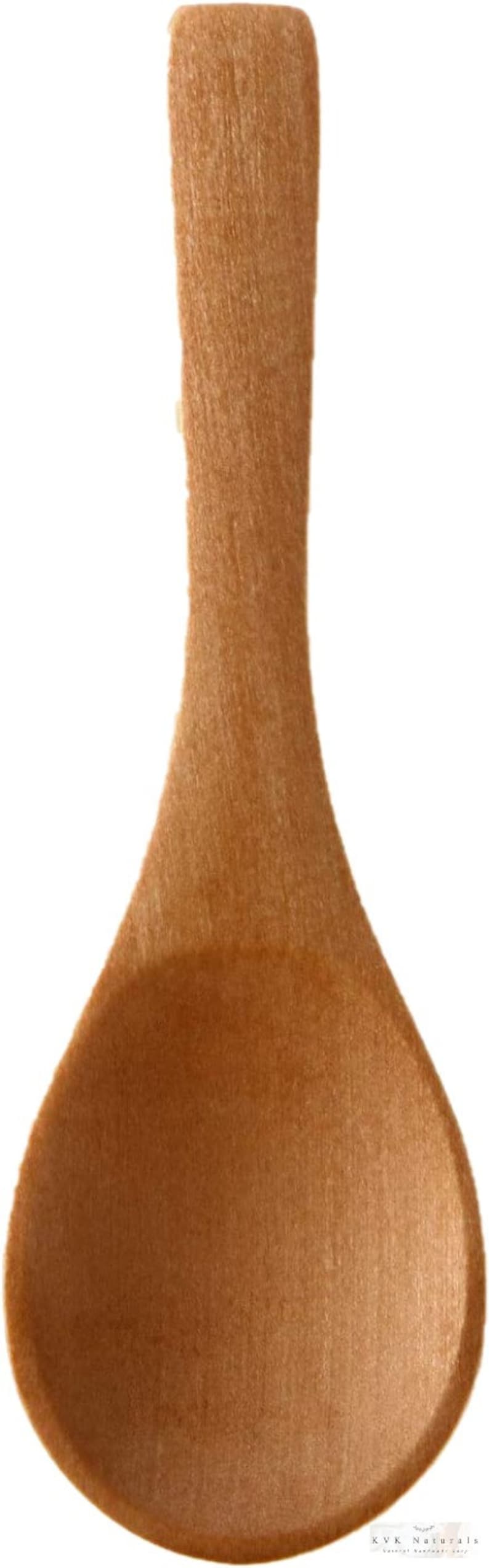 May include: A wooden spoon with a rounded bowl and a long, slender handle. The spoon is made of light brown wood and has a smooth, natural finish. Ideal for cooking and serving.