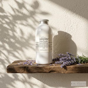 May include: A white bottle of Lavender Body Powder with a silver cap sits on a rustic wooden shelf. The label includes the text "Lavender Body Powder". Sprigs of lavender and loose petals are scattered around the bottle, with a white wall in the background.