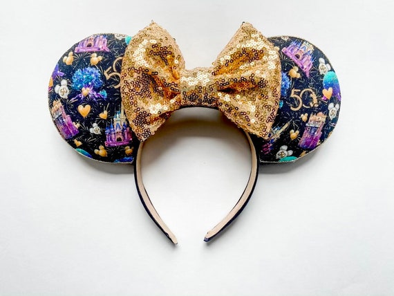 Disney Parks Walt Disney World 50th Anniversary Minnie Mouse Ears Black Gold Bow New JEWELED 50th Anniversary Ears Arrive in Disney World  main image 3