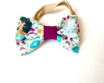 Jasmine inspired baby headband, Disney baby headband, Aladdin baby headband bow, alligator clip bow