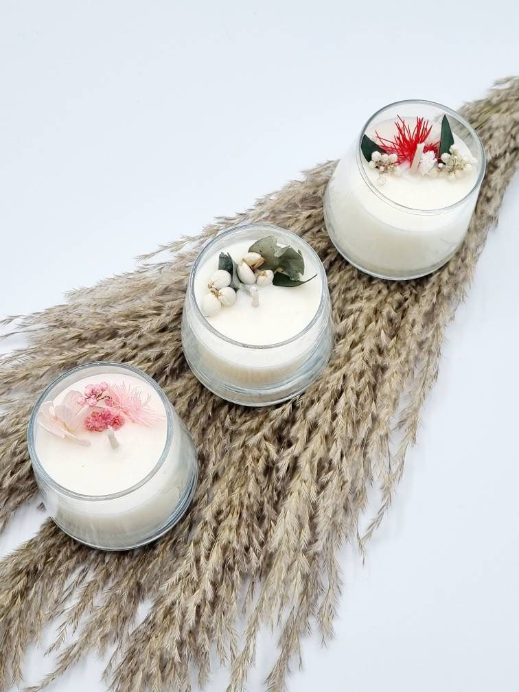 Bougie Artisanale, Cire de Soja et Fleurs Séchées
