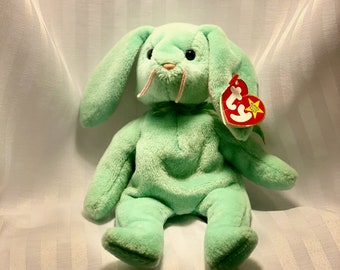 Hippity 1996 | Original Bunny Beanie Baby with Tags & P.E. Pellets | Green/Turquoise Like New