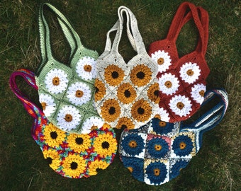 Sunflower Crochet Tote Bag, Boho Hippie Summer