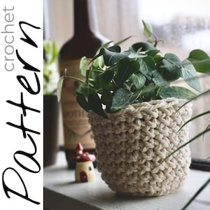 Op de afbeelding: Een close-up van een gehaakte plantenpot in een natuurlijke beige kleur. De pot is gevuld met een groene, bladerige plant en staat op een vensterbank.