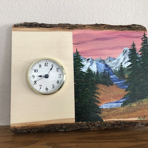 Time Flies Acrylic Landscape Painting on Live Edge Wood with Clock | Original Nature Art | Rustic Decor | 11x9