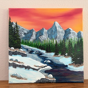 Warm Winter Day – Original Acrylic Mountain Landscape Painting on Canvas | Hand-Painted Snowy River Scene & Bold Sunset Sky (12x12)