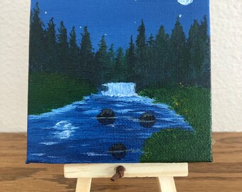 Miniature Hand-Painted Canvas on Wooden Easel | Original Acrylic Painting | Starry Night | Moon | River | Waterfall | Fireplace Mantle Decor