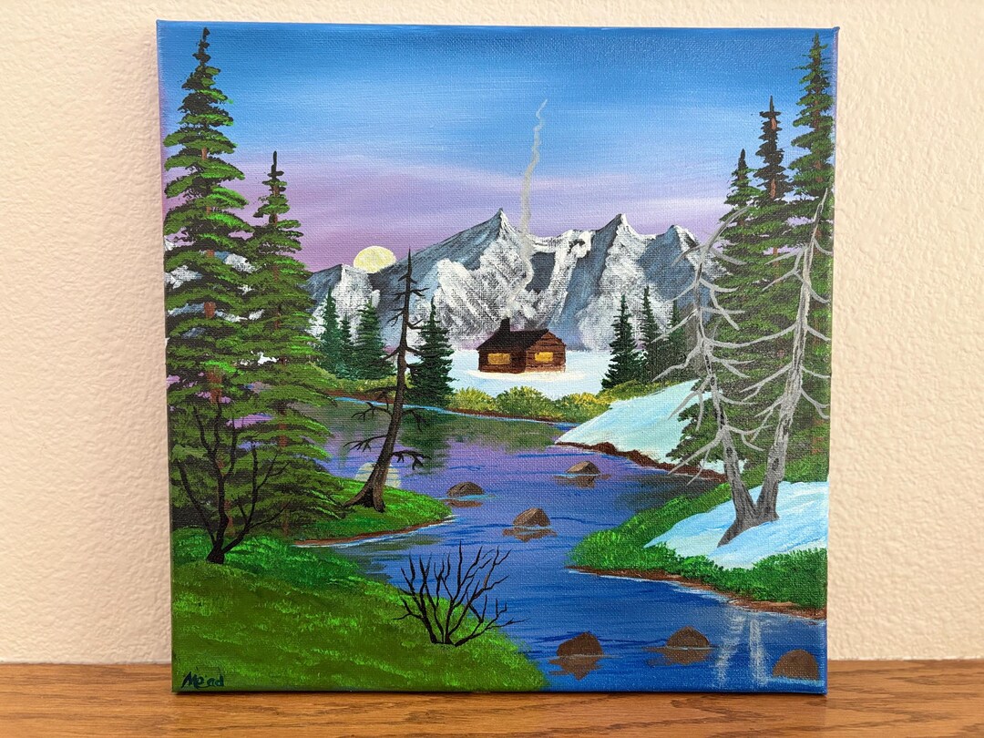 Original Acrylic Mountain Cabin Painting: Snowy River Landscape Art ...