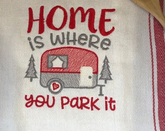 Kitchen Tea Towel | Dish Towel | Cotton Kitchen Towel | Embroidered | White with Red Trim | Camper | RV | Travel Trailer