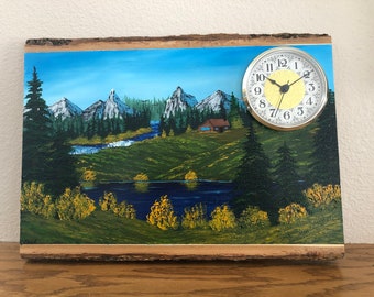 Hand Painted Wood Plank with Clock | Unique Clock | Landscape Painting | Wall Clock | Modern Clock | Rustic Decor