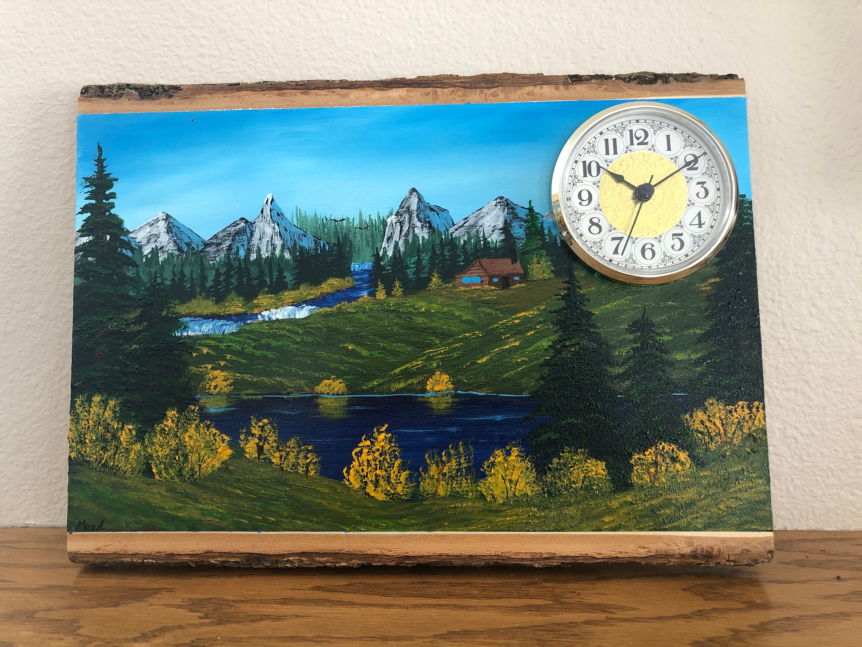 Hand Painted Wood Plank With Clock Unique Clock Landscape Painting Wall ...
