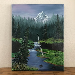 Misty Day at the Falls Acrylic Landscape Painting on Canvas | Original Waterfall & Mountain Scene | 11x14