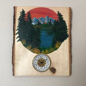 Eagle View Clock on Hand-Painted Live Edge Wood - Original Landscape Art with Rustic Wall Clock for Cabin or Home Decor (11x13)