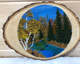 Original Landscape Painting on Live-Edge, Birch, River, Eagles, Acrylic on Wood Oval, Rustic Decor, Nature Art