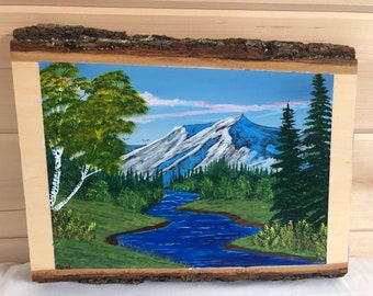 Live Edge Wood Acrylic Painting / Wood Slice Art | Original Landscape Painting | Wood Slab |  River | Birch / Mountains | Rustic Art