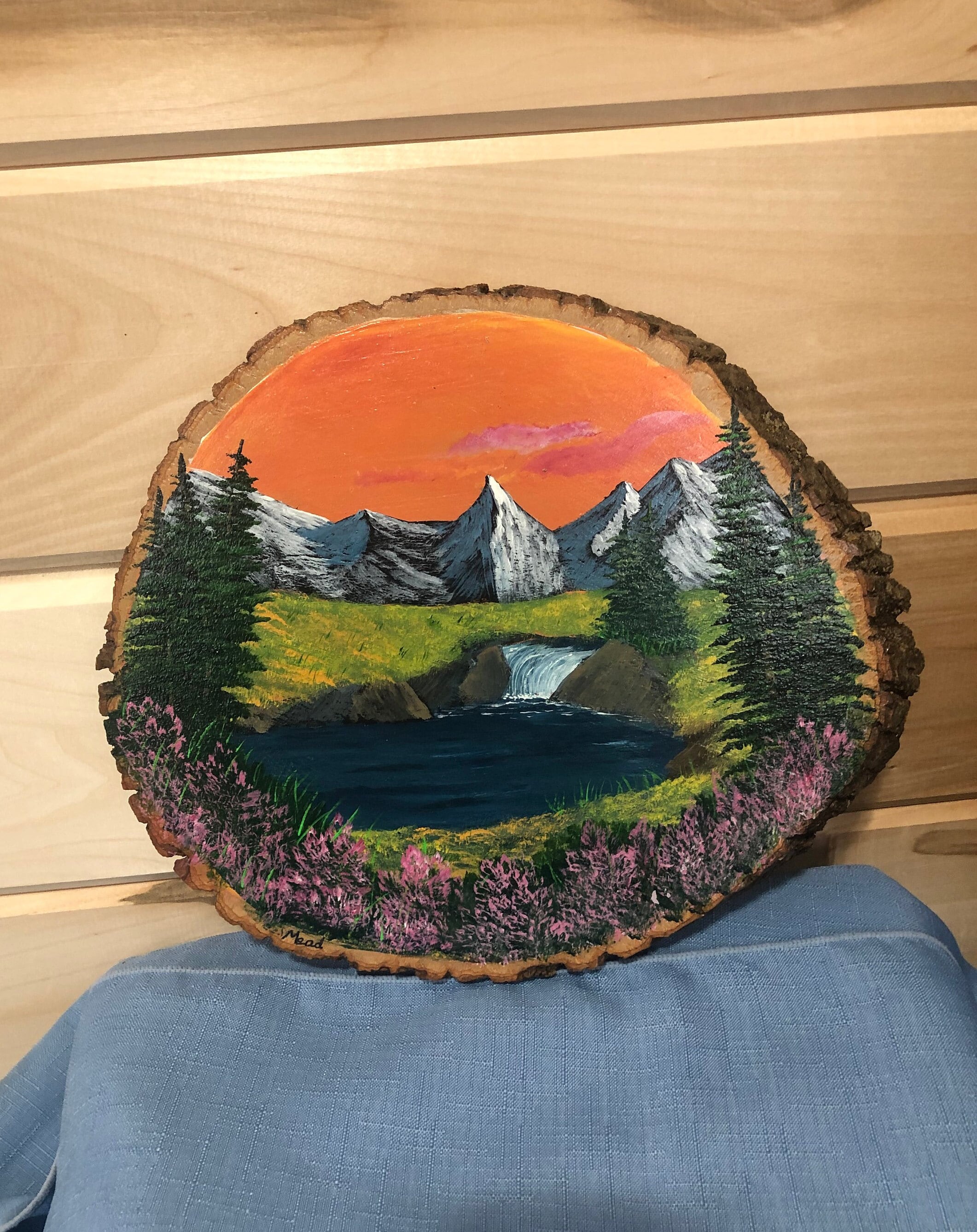 Hand Painted Wood Slice Original Painting Rustic Decor Live Edge Wood Oval Nature Art River Landscape Art