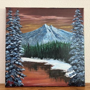 Mystical Colors – Original Acrylic Winter Mountain Landscape Painting on Canvas | Hand-Painted Snowy Forest & Sunset River Art (12x12)