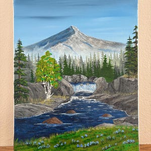 The Spring Flow Acrylic Landscape Painting on Canvas | Original Nature Art | Waterfall & Mountain Scene | 11x14