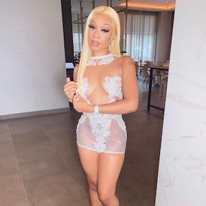 Rhinestone Appliqué Sheer Mini Dress