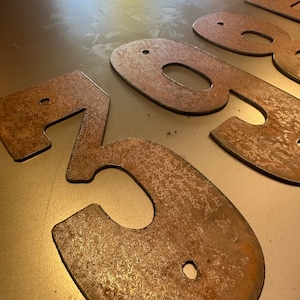 6 inch Numbers and Letters - Rusty or Natural Steel Finish - Mounting Holes Available - Standard Font