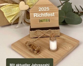 Topping-out ceremony gift with bread and salt on bamboo wood traditional gift builders house home spirit levels house gift topping-out ceremony