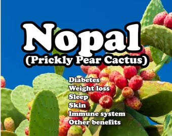May include: A close-up of a prickly pear cactus plant with green pads and red fruits. The text "Nopal (Prickly Pear Cactus)" is at the top of the image. Below the text is a list of benefits of the plant, including diabetes, weight loss, sleep, skin, immune system, and other benefits.