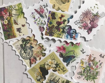 Set of 10 Butterfly stamps junk journal postage stamps faux stamp set crafting supplies ephemera scrapbook snailmail