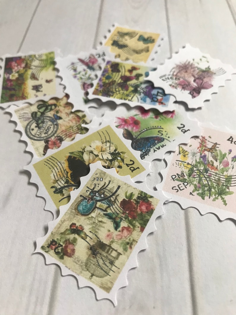 Set of 10 Butterfly stamps junk journal postage stamps faux stamp set crafting supplies ephemera scrapbook snailmail