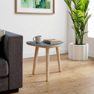 Handmade Oak Side Table, Small Modern Side Table, Linoleum Top, Birch Ply Table, Scandi Minimalist Plectrum Shape image 3