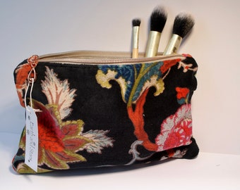 Handmade Cotton Velvet Makeup Bag, Velvet Zip up Pouch, Cosmetic bag, Toiletries bag, Storage pouch