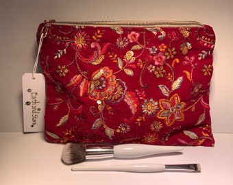Magenta Velvet Embroidered Makeup pouch, cosmetic bag H17cm x L24cm