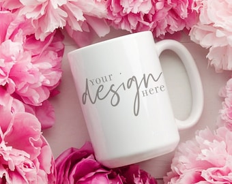 Mug Pretty Mug Mockup with Peonies | 15 oz White Mug Mockup | Styled Stock Photo | Bridal Mockup | Valentine's Day Mug Mockup | Digital File