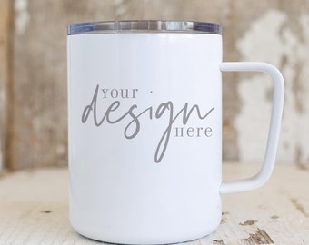 Travel mug with lid mockup, white coffee mug mockup, 10oz mug mock up, rustic style mug mockup, white travel cup stock photo, mug jpg