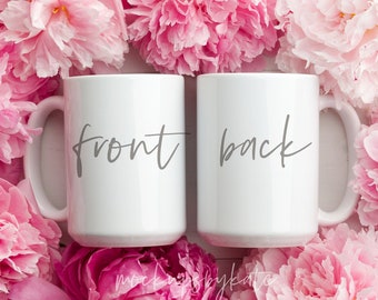 Maqueta de taza bonita con peonías / Frontal y trasera Maqueta de taza blanca de 15 oz / Colección de diseñador taza blanca de 15 onzas / Maqueta de dama de honor / Taza JPG