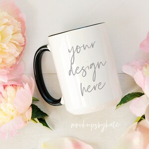 15 oz Mug Mockup | White Mug Mockup with Peonies | Shabby Chic Mockup | Beachy Mug Mockup | White Mug Black Handle | Instant Download | JPG