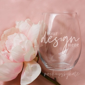 Stemless Wine Glass Mockup: Peony Flower, Clear Glass (Digital JPG)
