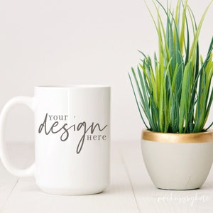 Coffee Mug Mockup | 15 oz White Mug Mockup | Simple Mug Mockup | Mug with plant photo | Styled Stock Photo JPG