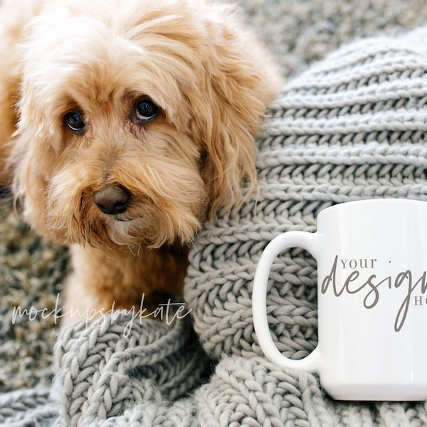 Cute Funny Mug Mockup with Dog | 15 oz White Mug Mockup | Cozy Dog Mug Mockup | Lifestyle Stock Photo | Coffee Mug Mockup | Mug Digital JPG