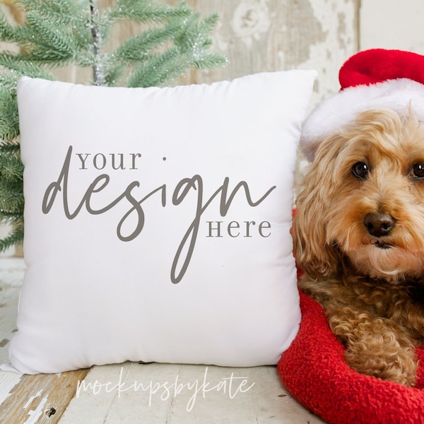 Adorable Christmas pillow mockup, holiday pillow stock photo, cute dog pillow mockup, white square pillow mock up, JPG photo download