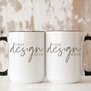 15 oz Mug Mockup | Two Mugs Mockup | Black Handle Mug Mockup | Simple Mug Stock Photo | Rustic Mug Photo | Mug JPG