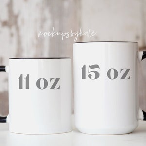 11 oz and 15 oz Mug Mockup | Two Mugs Mockup | Mug Size Comparison | Rustic Coffee Mug Mockup | Black Handle Mug Mockup | Mug Stock Photo