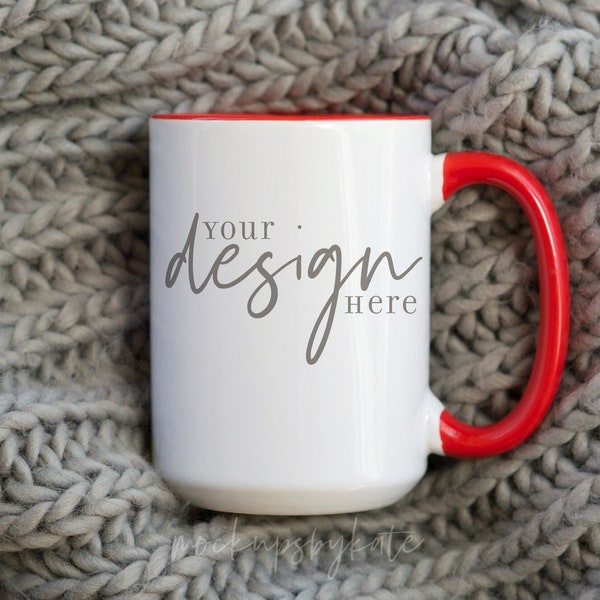 15 oz mug mockup, red handle mug mock up, styled coffee mug mockup, cozy mug with throw stock photo, red and white mug photo, mug JPG