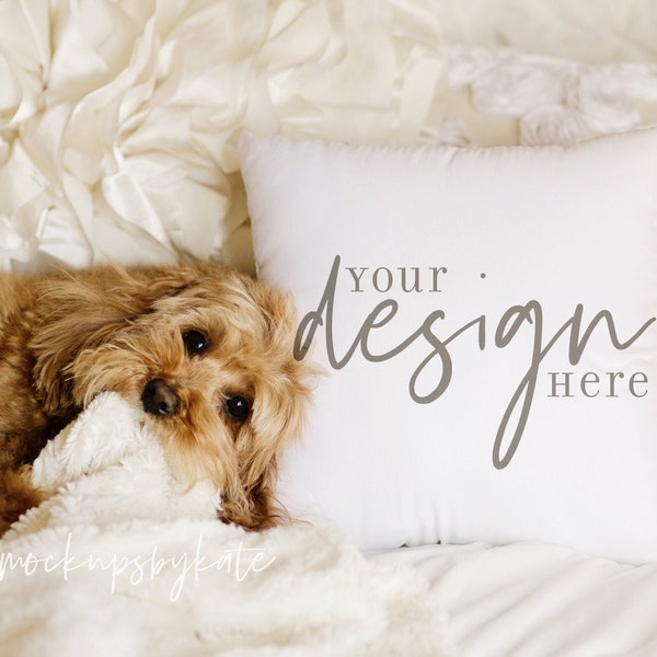 Adorable Mockup Photo for Dog Lovers Designs | Pillow with Dog Mockup | Square Pillow Stock Photo | Pillow Digital File | Pillow JPG