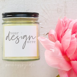 Rustic candle mockup, white candle mockup with peony, styled stock product photo, jar candle mock up, digital download, JPG