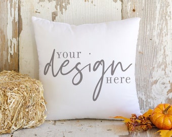 Halloween Pillow Mockup, Fall Pillow Mockup, White Square Pillow Stock Photo, Farmhouse Pillow Photo JPG, Pillow digital file