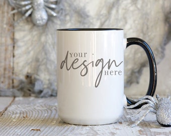 Halloween Mug Mockup: 15 oz Black Handle, Rustic Farmhouse (JPG)