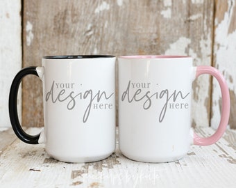 Two 15 oz Mugs, Pink & Black Coffee Mugs Mockup, Two Mugs Mockup, Show both colors, Stock Photo JPG Download