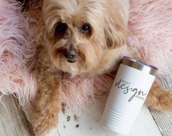 Dog Tumbler Mockup: White 20 oz, Cozy Rustic Scene (Digital File JPG)