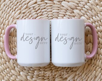 Two 15 oz pink white coffee mugs mockup, show both sides mockup, pink white coffee cup mock up, stylish mug mockup, two mugs mockup, JPG